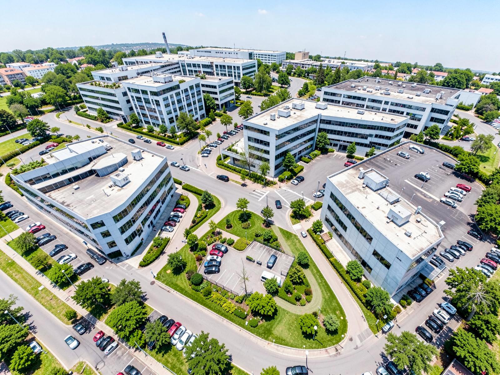 Vue aérienne d'un parc d'activités regroupant plusieurs immeubles tertiaires