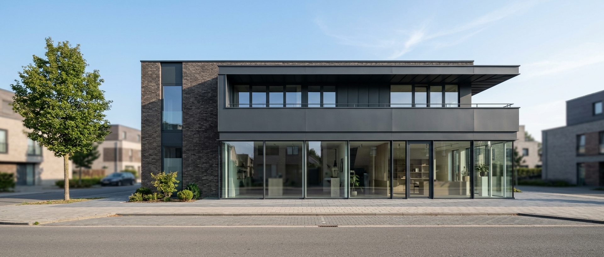 Petit immeuble d'activité en brique et métal avec vitrine sobre, ciel dégagé