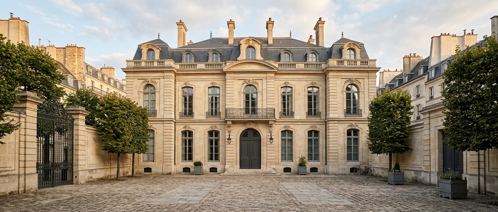 Hôtel particulier en pierre de taille avec cour pavée, lumière de fin de journée