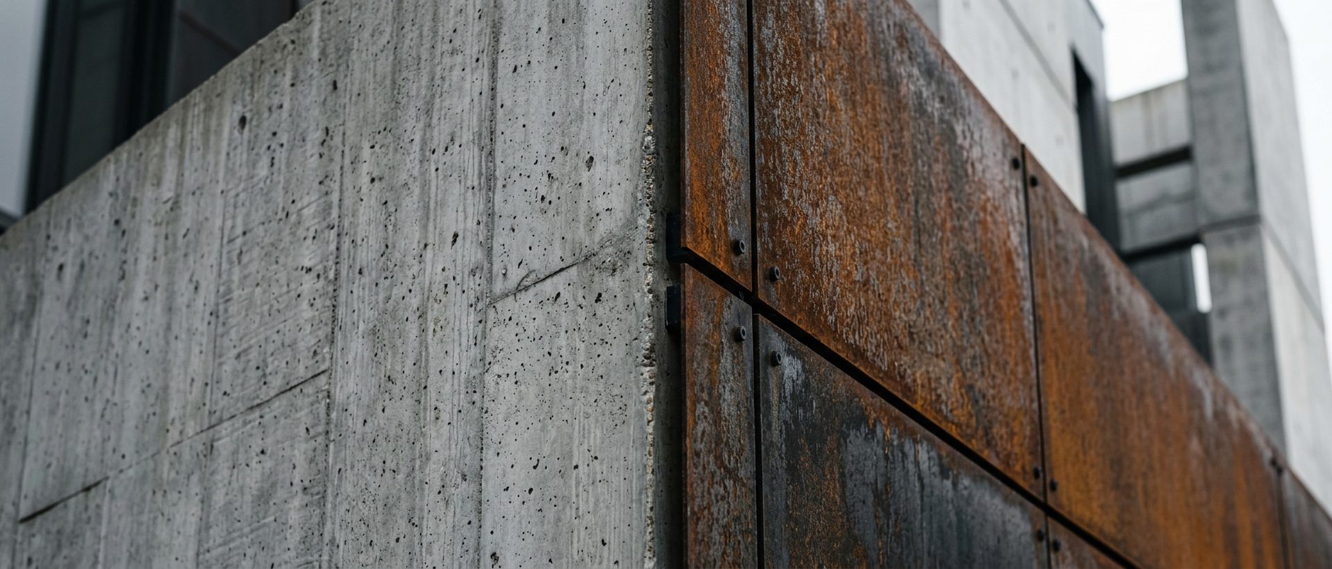 Détail de béton brut et acier oxydé sur un angle de bâtiment, cadrage serré