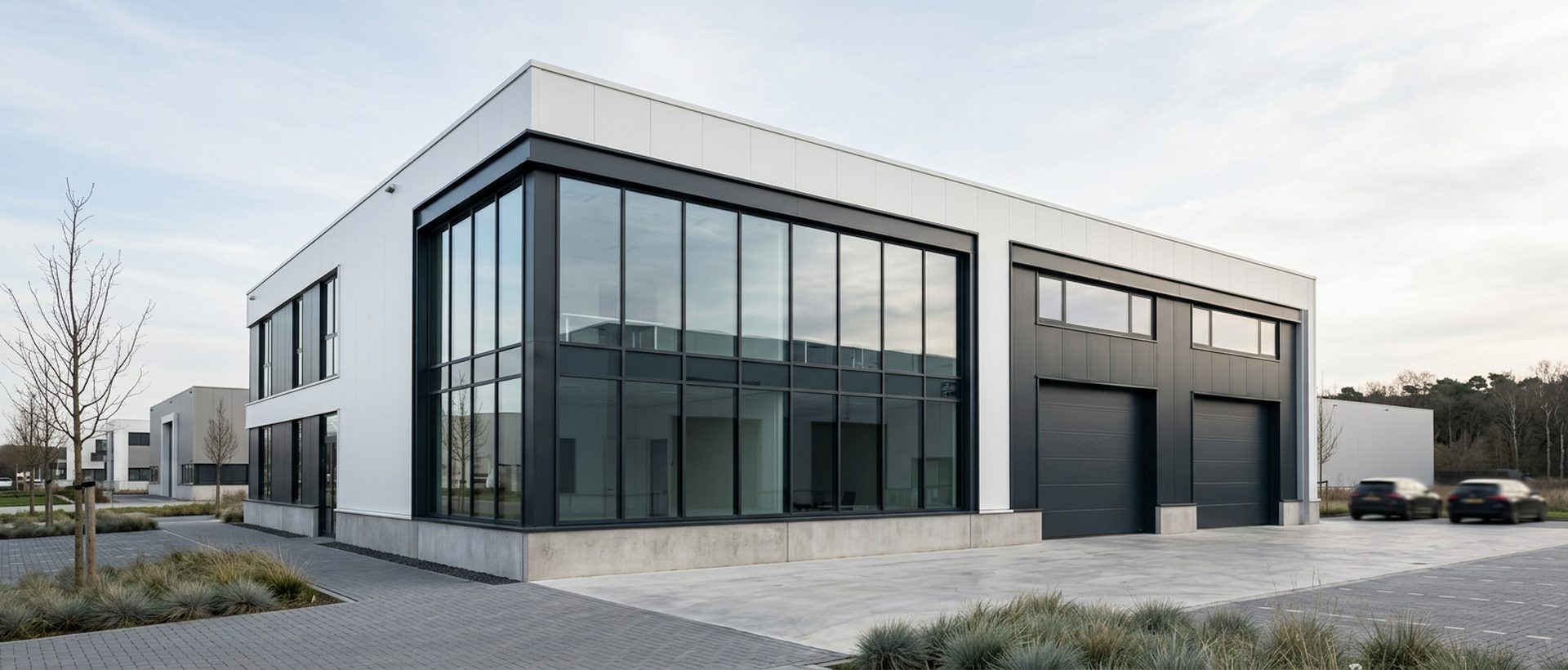 Bâtiment mixte bureaux et atelier, façade claire et grandes ouvertures
