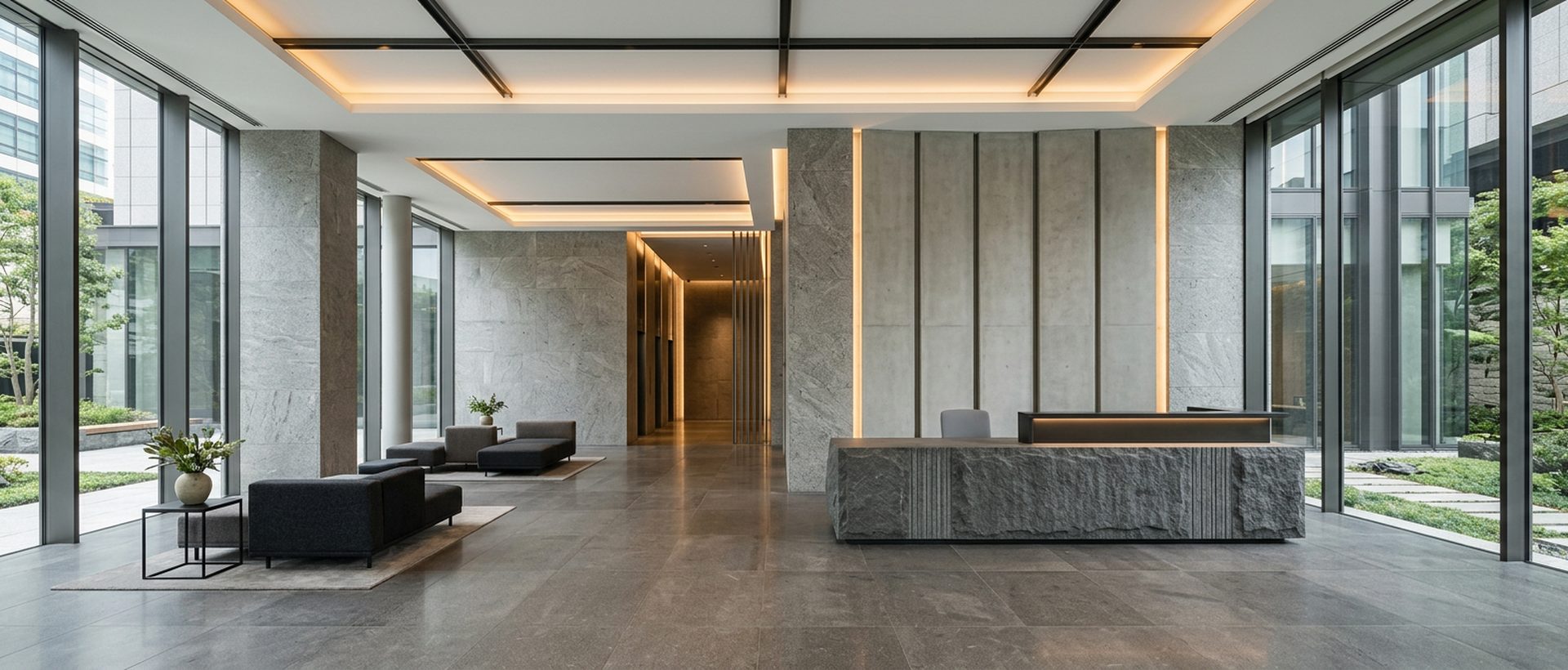 Hall d'entrée d'immeuble de bureaux minéral, banque d'accueil en pierre, éclairage indirect