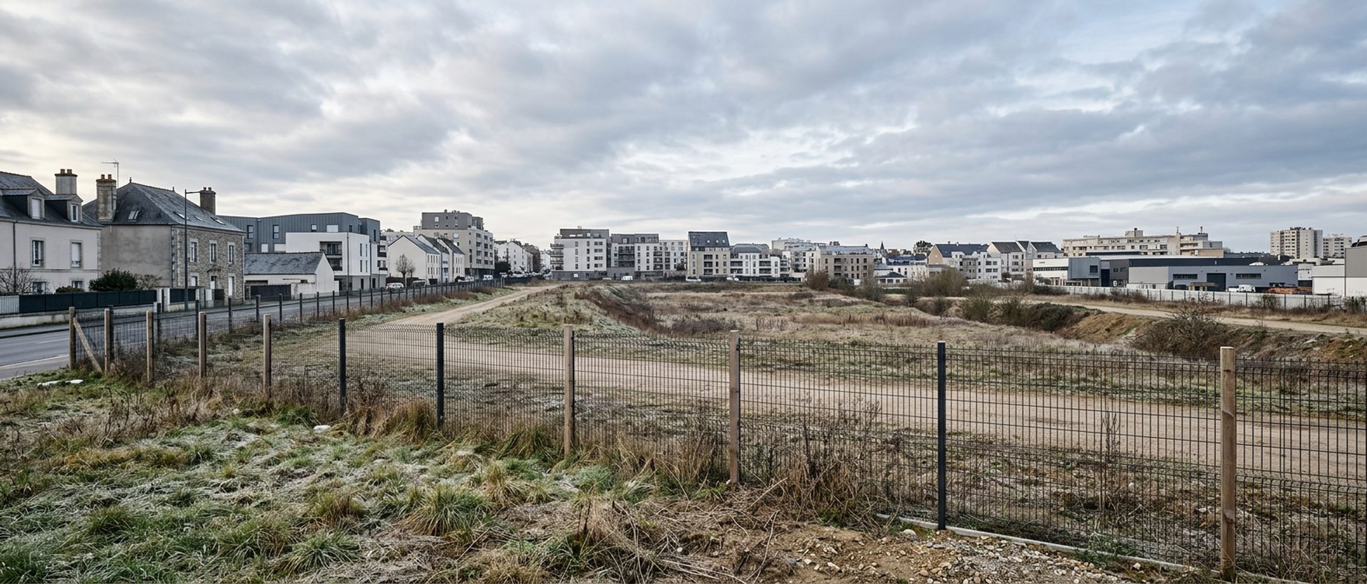 Terrain nu en lisière urbaine avec clôture de chantier, herbe rase, lumière d'hiver