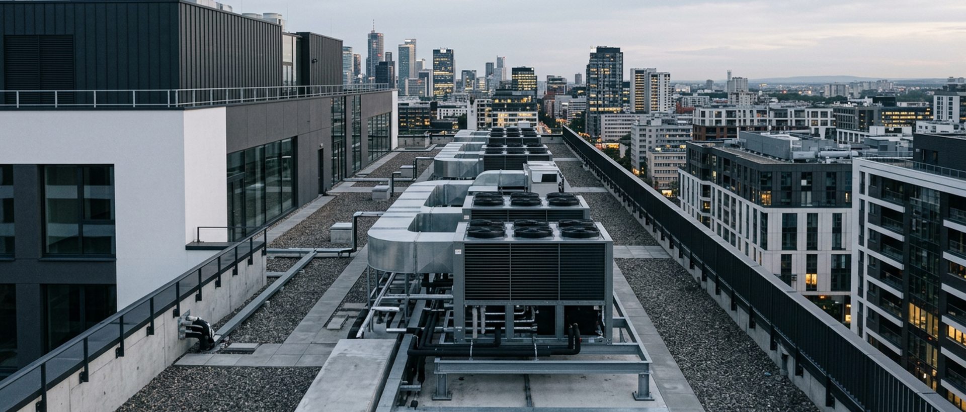 Toiture-terrasse technique d'immeuble avec équipements CVC alignés