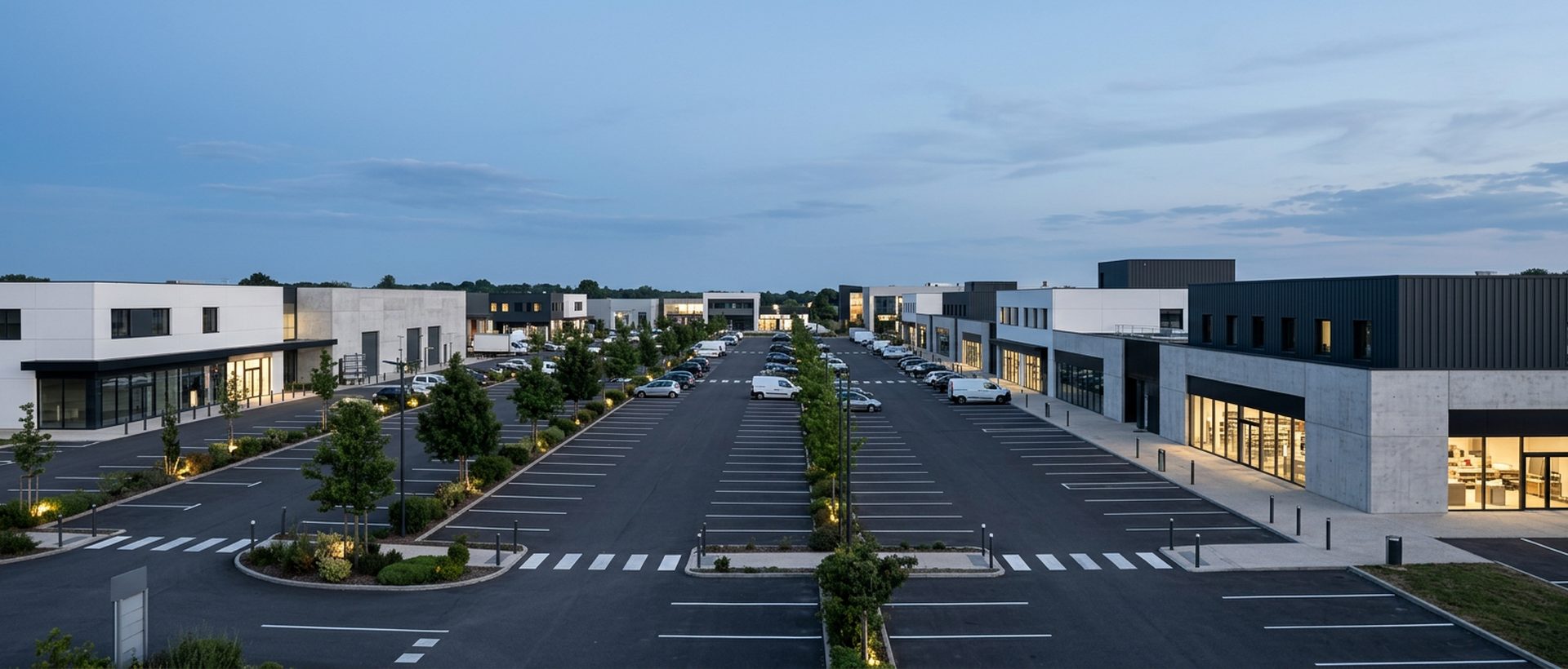 Parc d'activité commerciale en fin de journée, bâtiments bas et vastes parkings