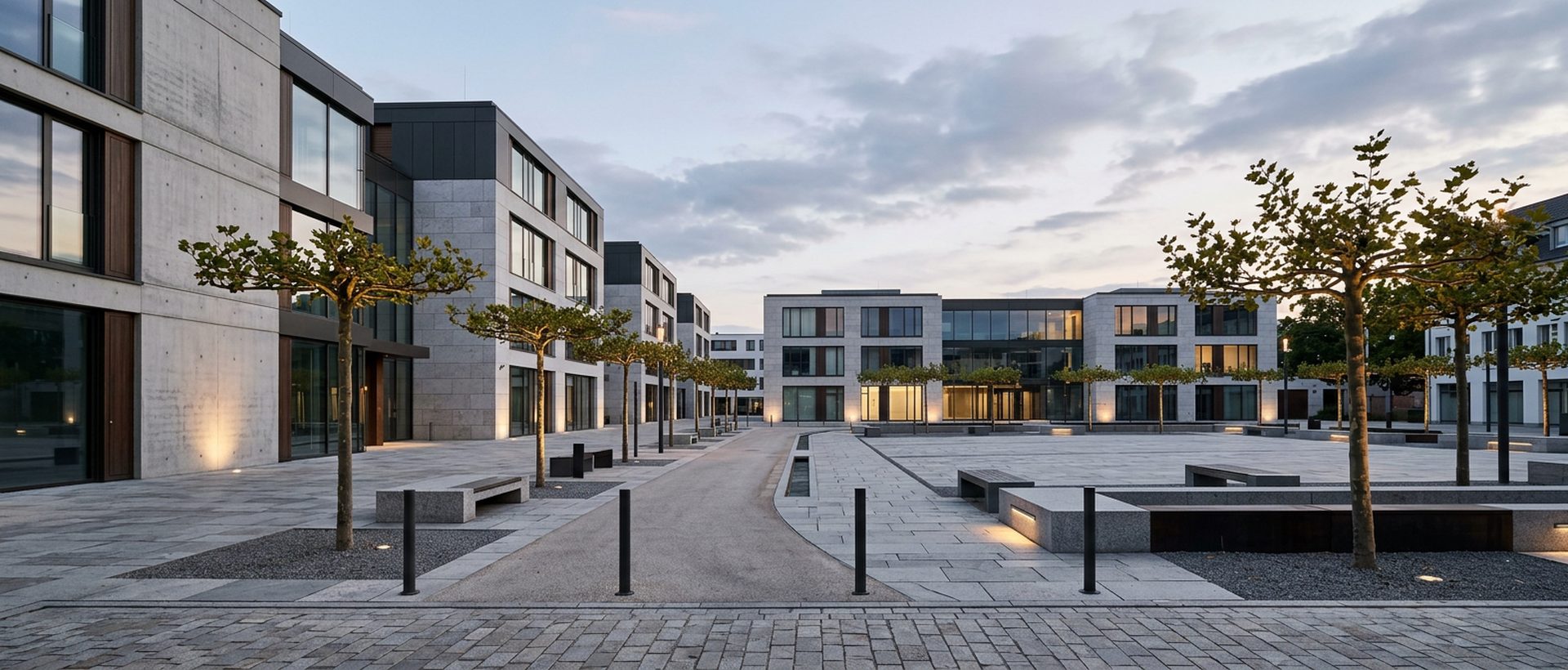Place publique minérale bordée d'immeubles bas, arbres taillés, fin de journée