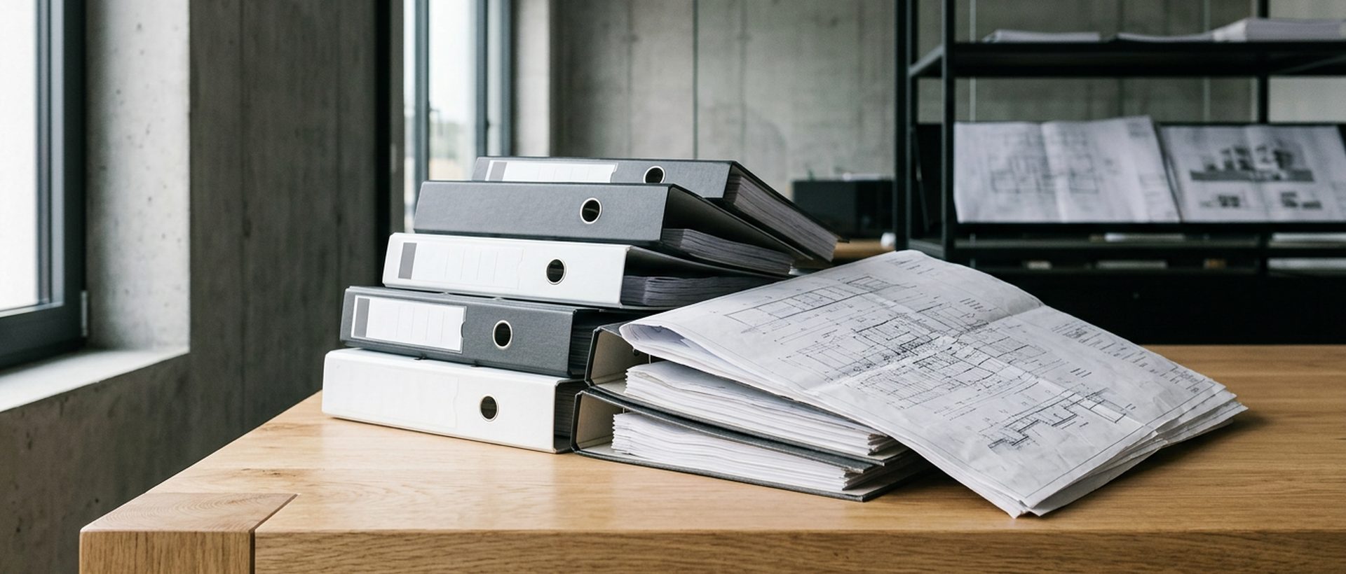 Classeurs et plans techniques empilés sur une table en chêne clair, lumière latérale