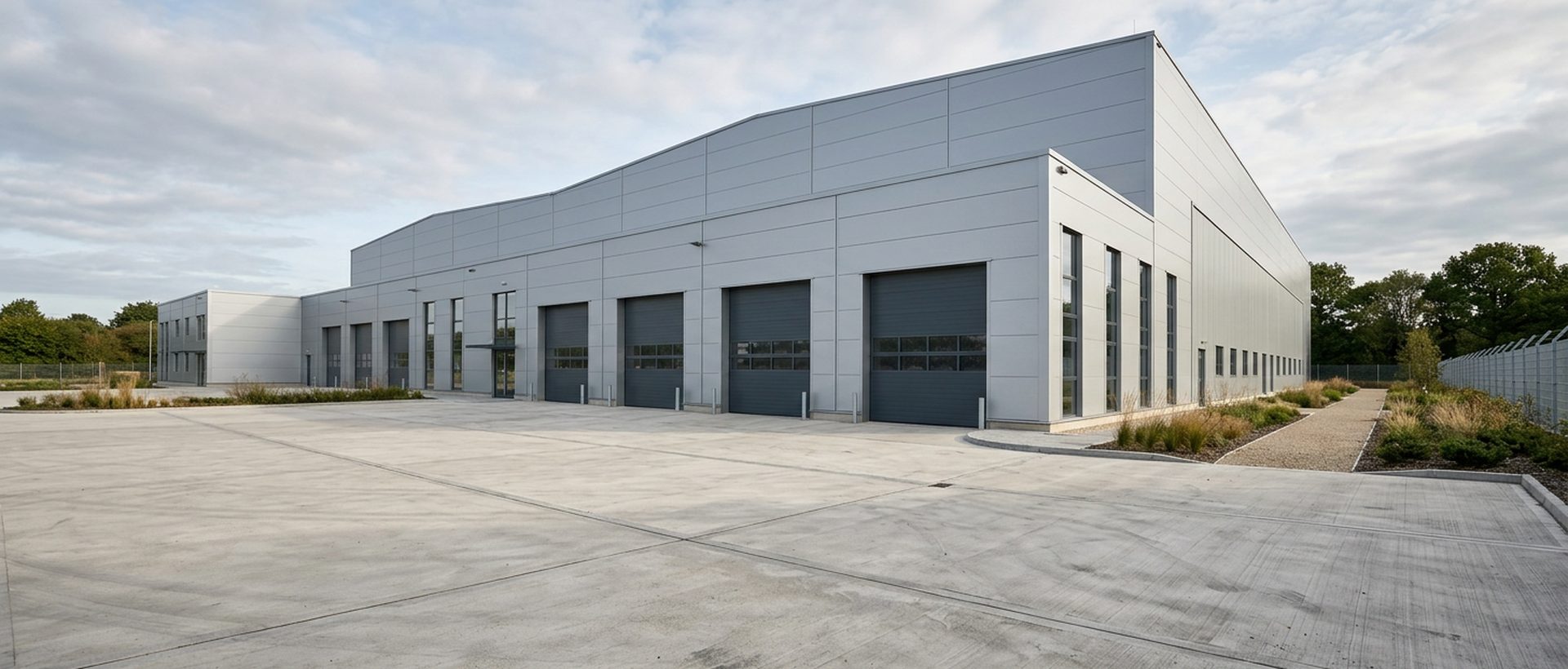 Grande halle industrielle neuve avec bardage métallique clair et cour bétonnée