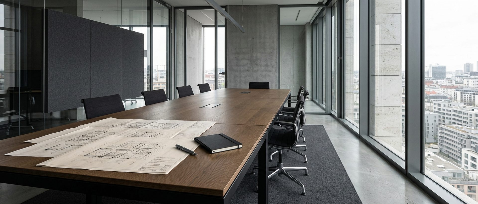 Table de réunion sobre avec plans techniques dépliés et lumière naturelle