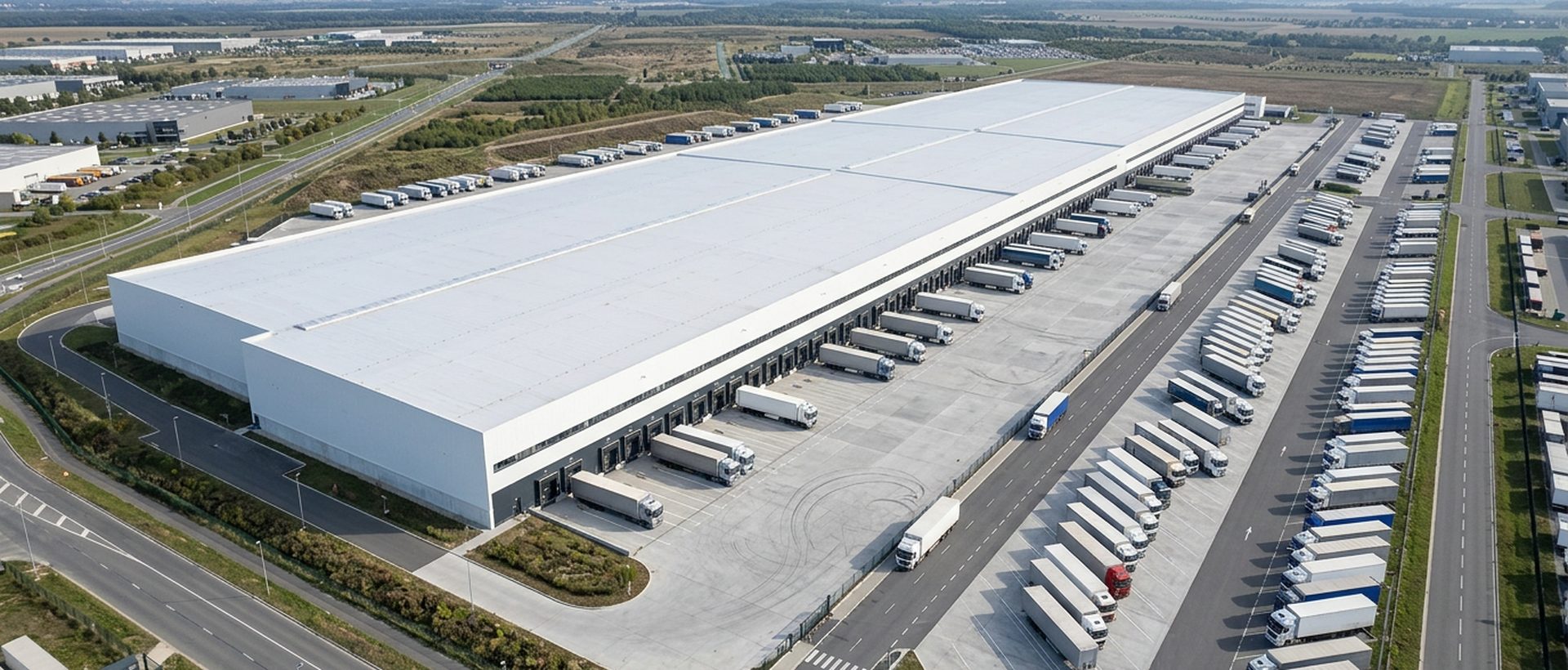 Vaste plateforme logistique vue du ciel, toiture claire et cours de manœuvre