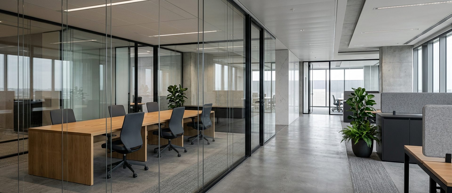 Espace de travail sobre avec cloisons vitrées et mobilier bois