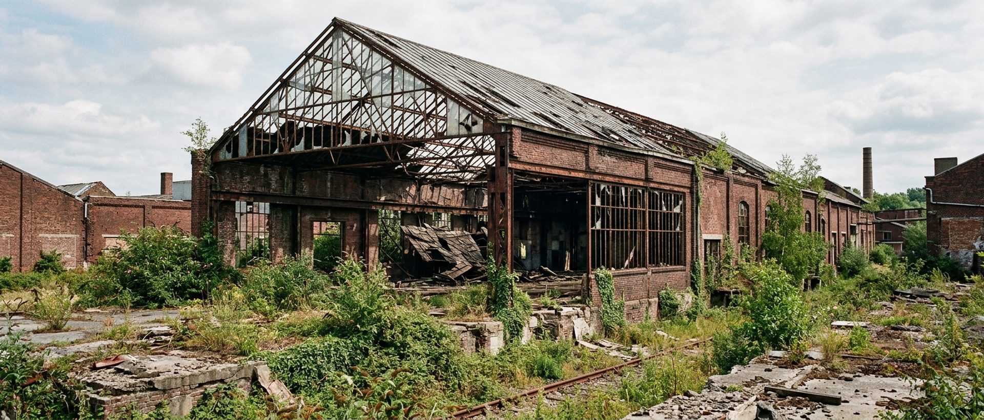 Halle industrielle désaffectée en briques avec verrière brisée, végétation spontanée