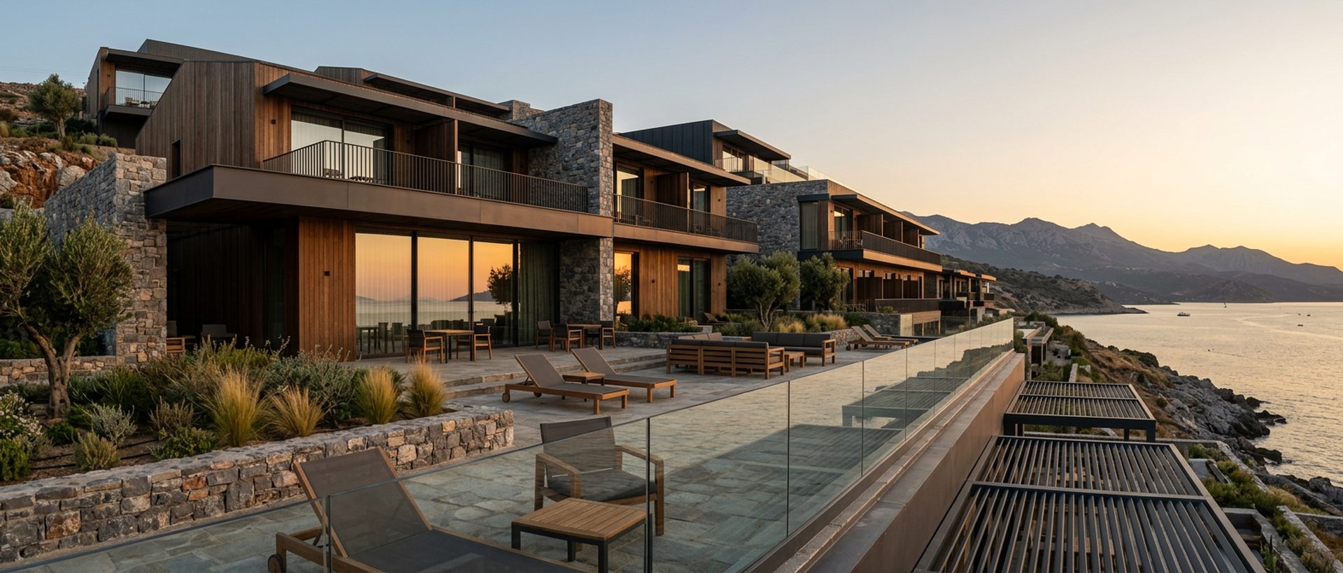 Bâtiment d'hôtellerie contemporain en bois et pierre, terrasse vide, lumière chaude