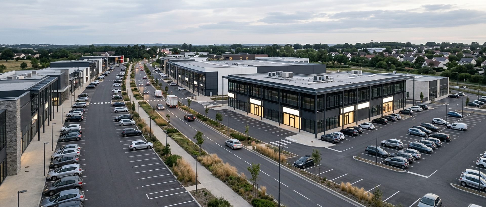 Axe commercial de périphérie avec enseignes vierges et parkings, vue en légère hauteur