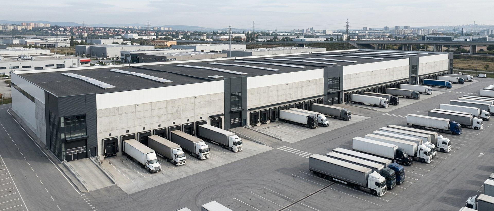 Entrepôt urbain avec quais alignés et camions à l'arrêt, vue en hauteur
