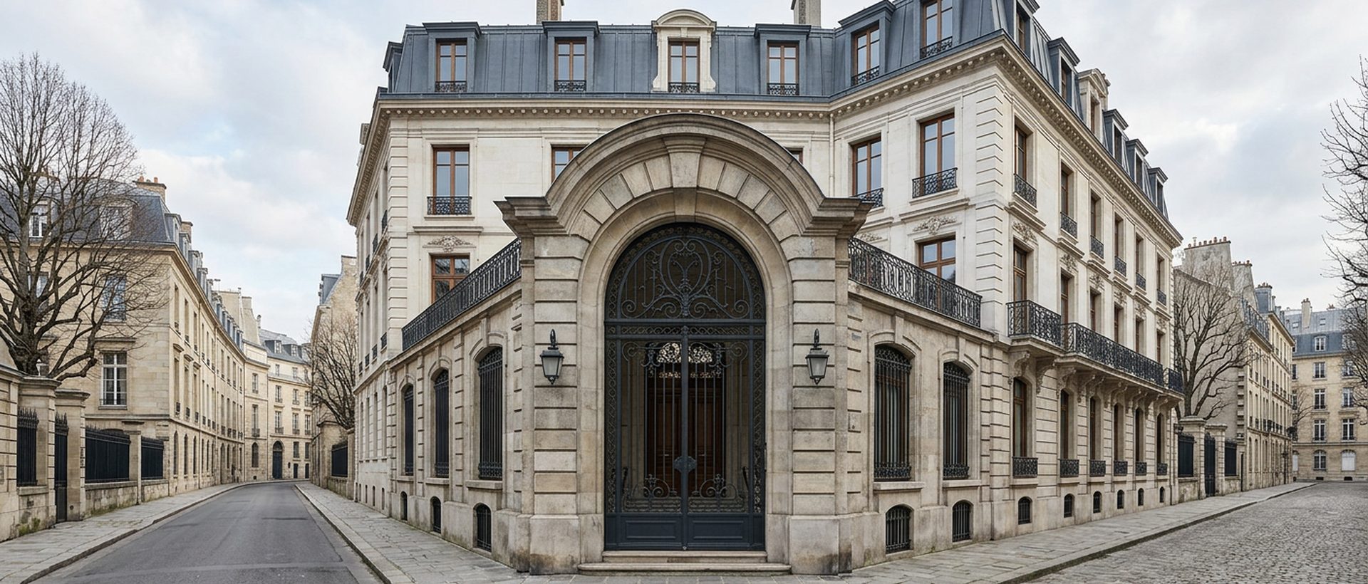 Immeuble de standing avec porche en pierre et grille sombre, rue calme