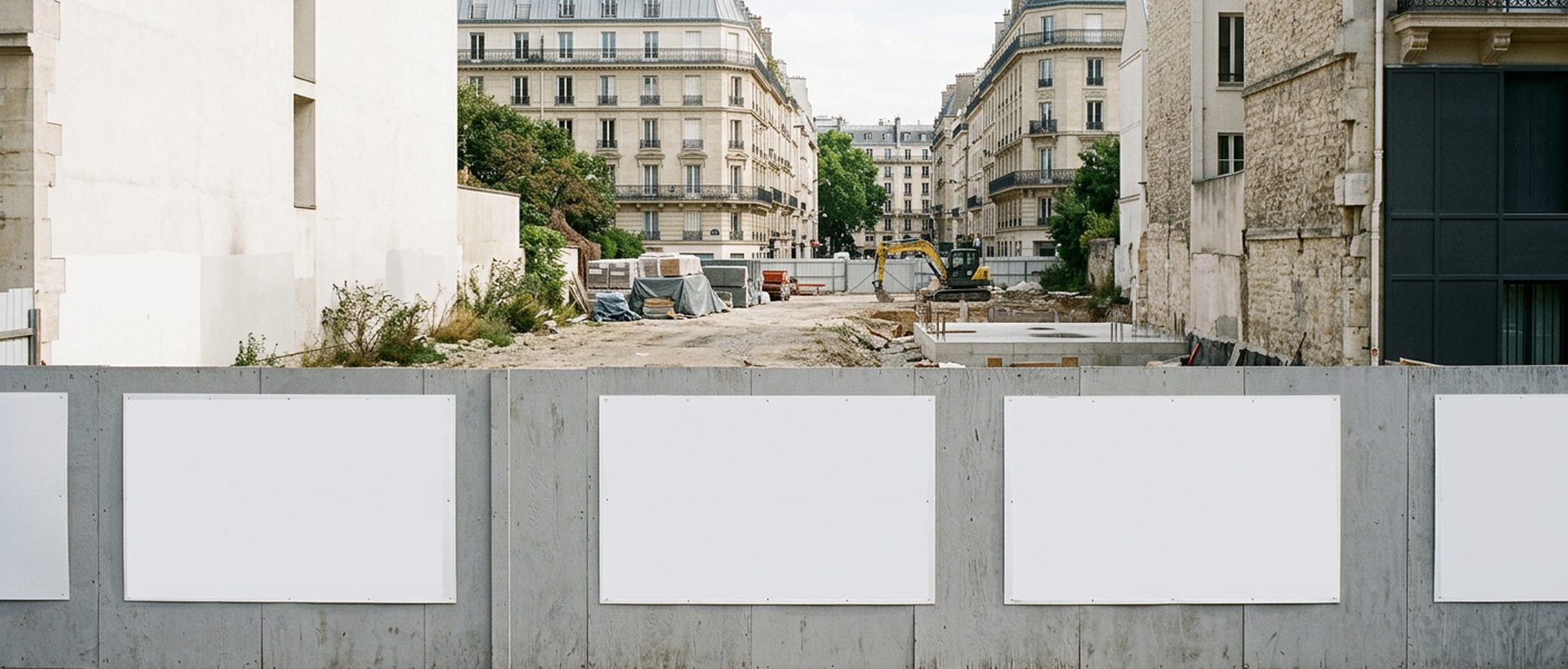 Panneau de chantier vierge devant un terrain clôturé en ville