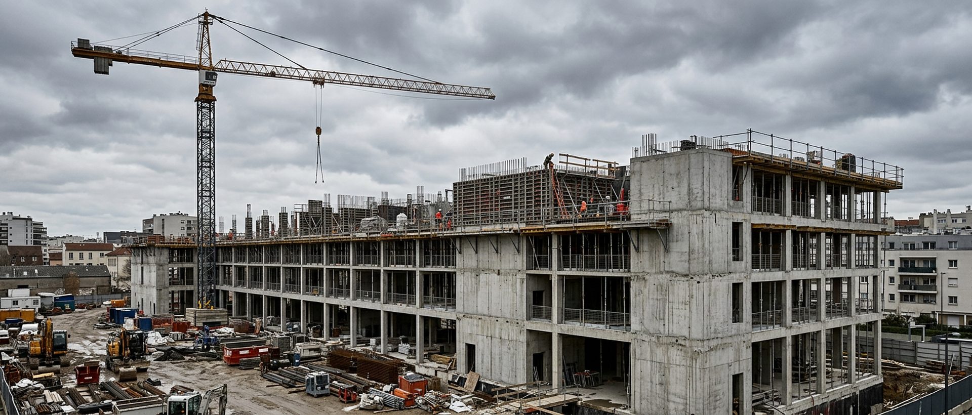 Chantier de gros œuvre avec grue et voile béton, ciel couvert