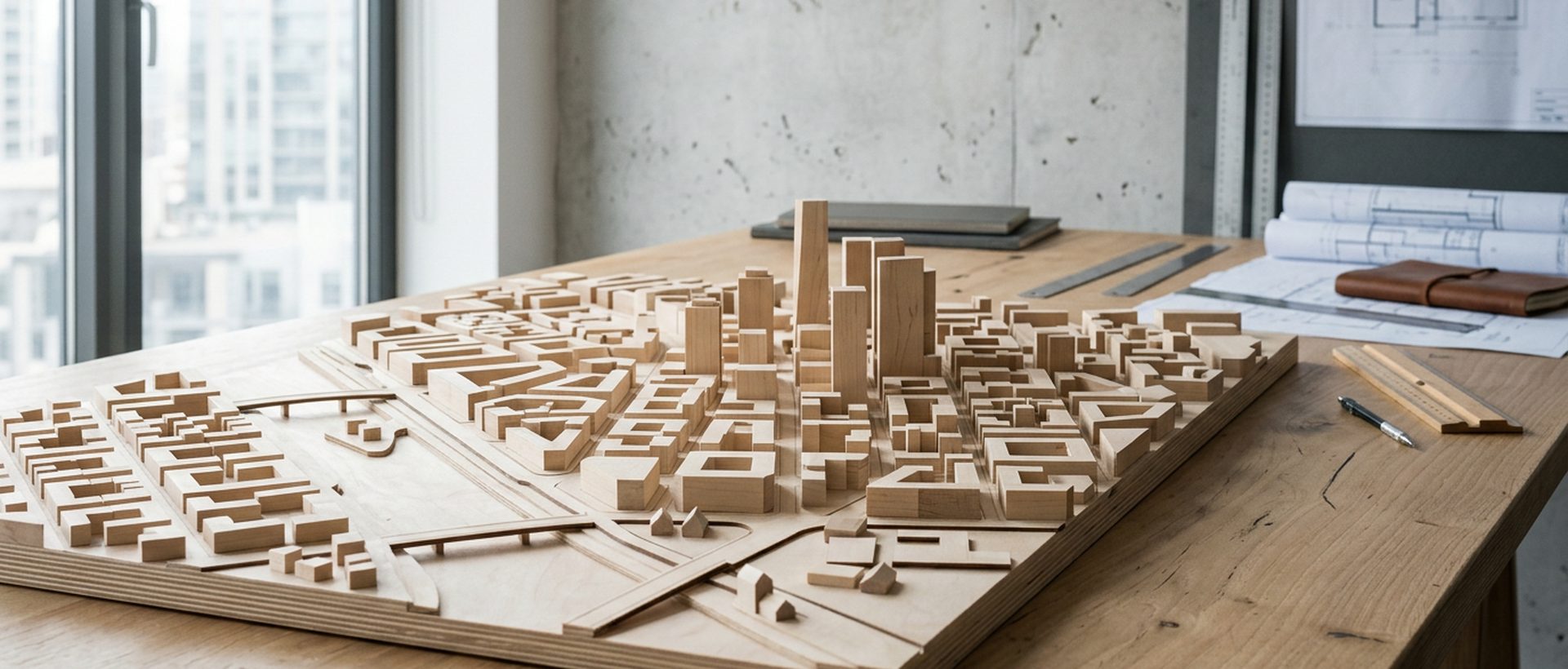Maquette urbaine physique en bois clair sur une table d'architecte, lumière douce