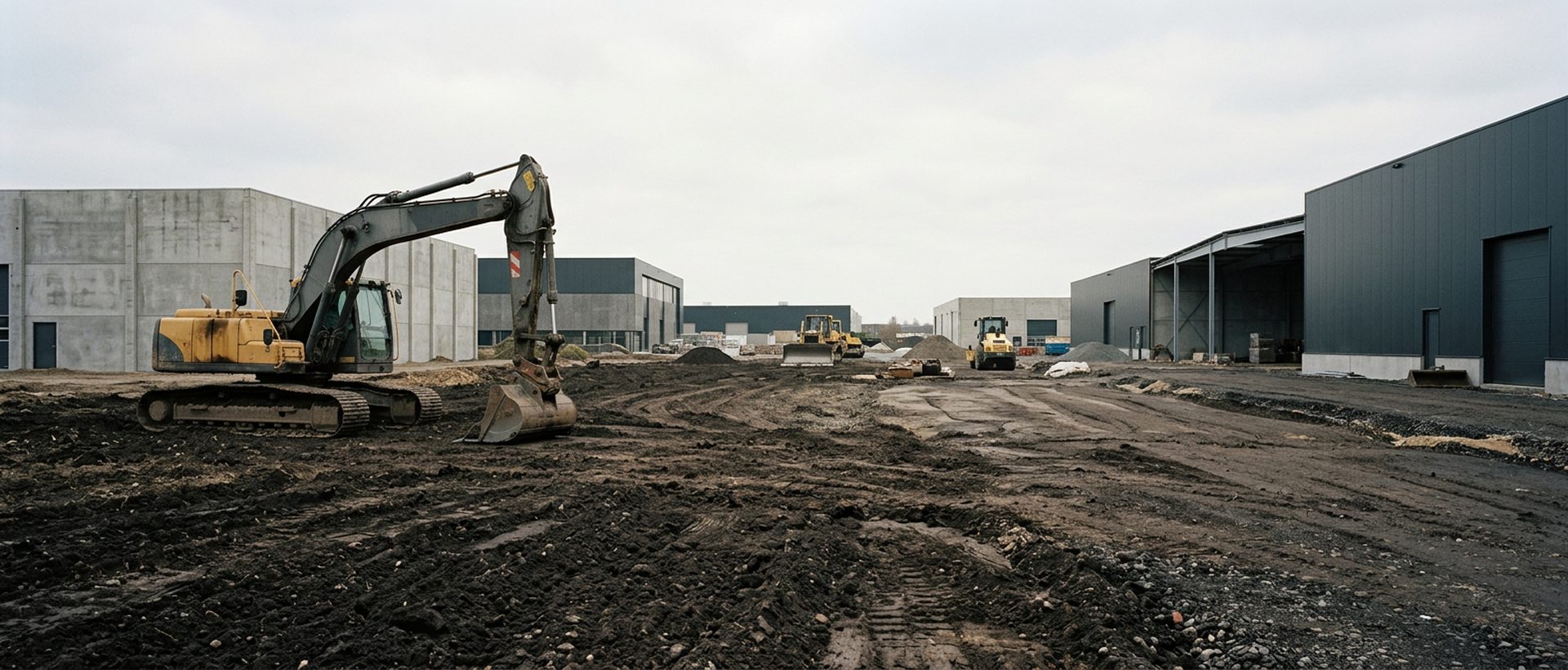 Sol de terre remuée sur un site industriel avec engin de terrassement à l'arrêt