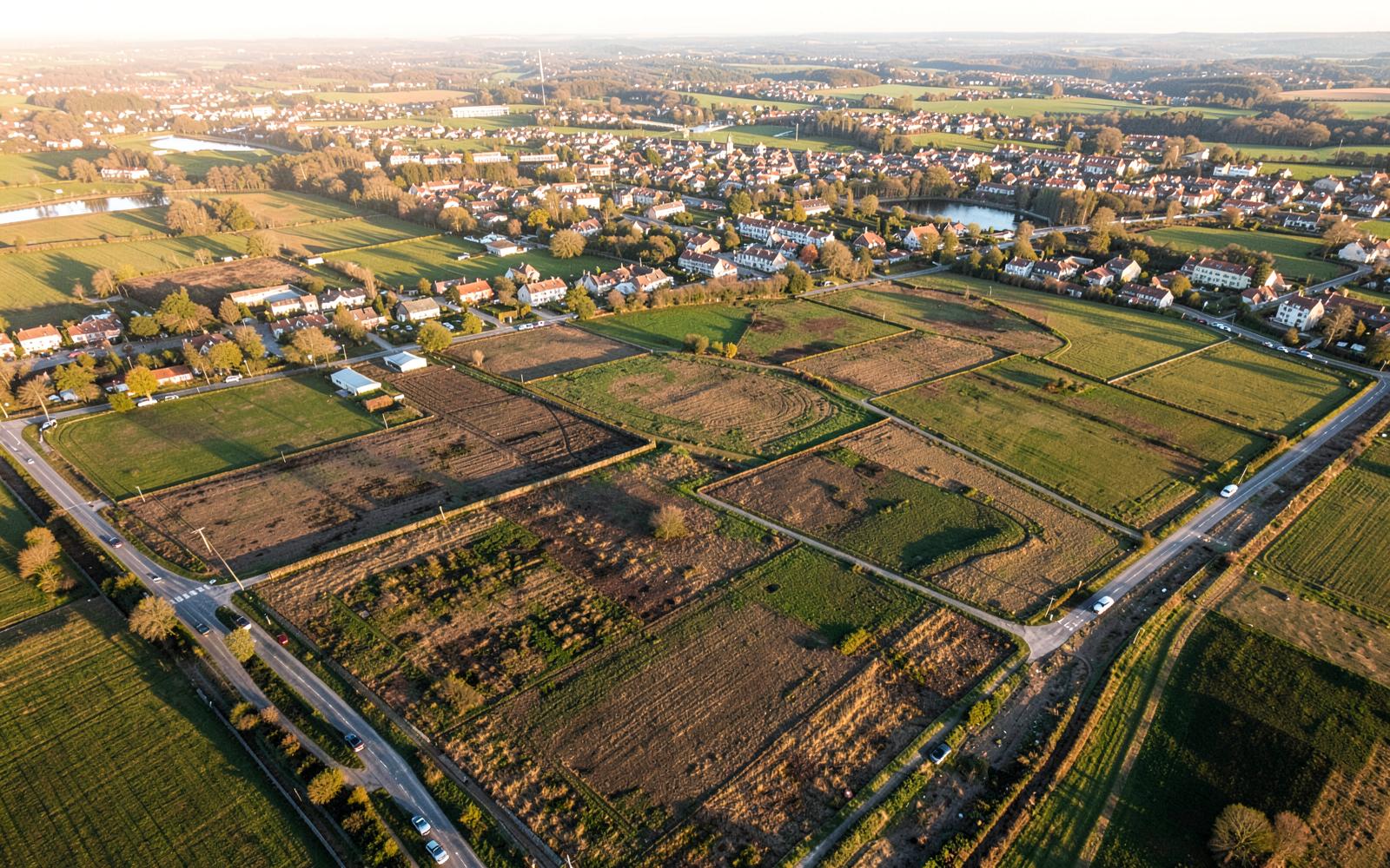 Vue aérienne d'une zone urbaine en développement pour recherche foncière