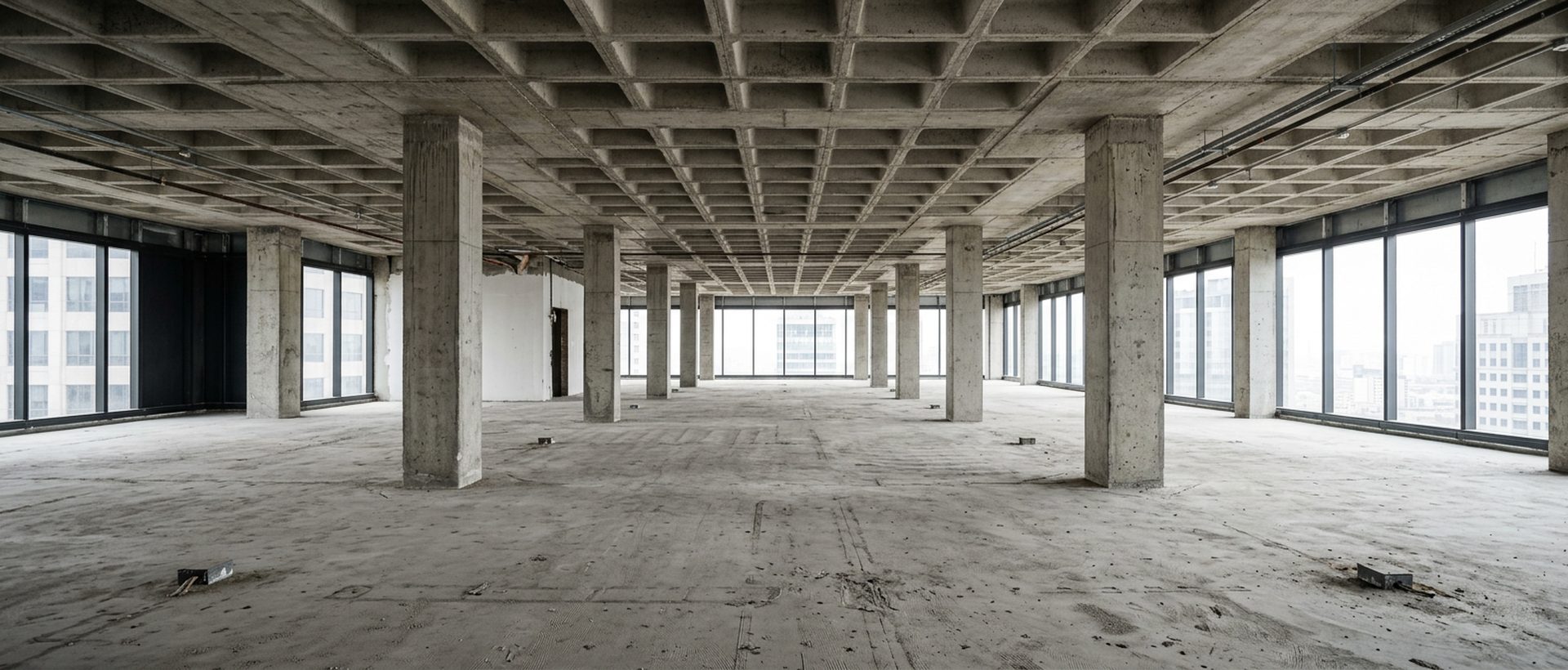 Intérieur d'immeuble de bureaux vidé en attente de restructuration, structure poteaux-dalles apparente