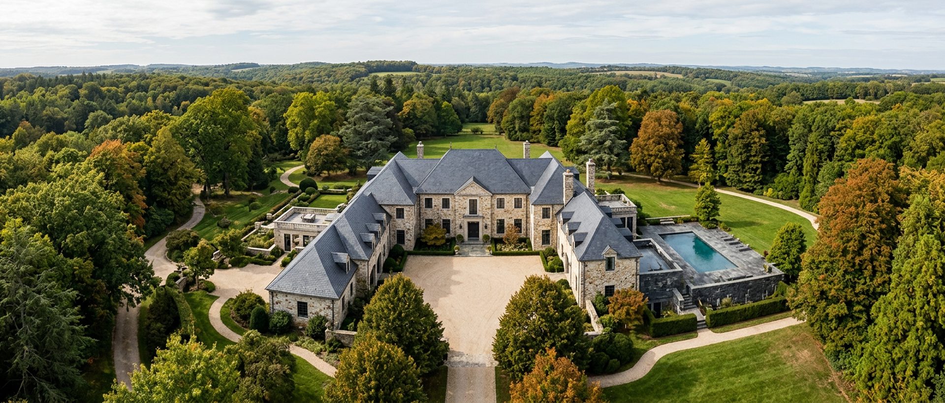 Grande demeure de pierre entourée d'un parc arboré, vue aérienne basse
