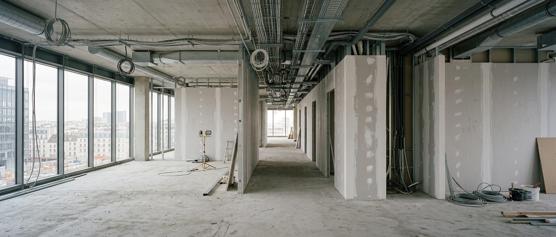 Intérieur en cours de second œuvre, cloisons plaques de plâtre et gaines apparentes