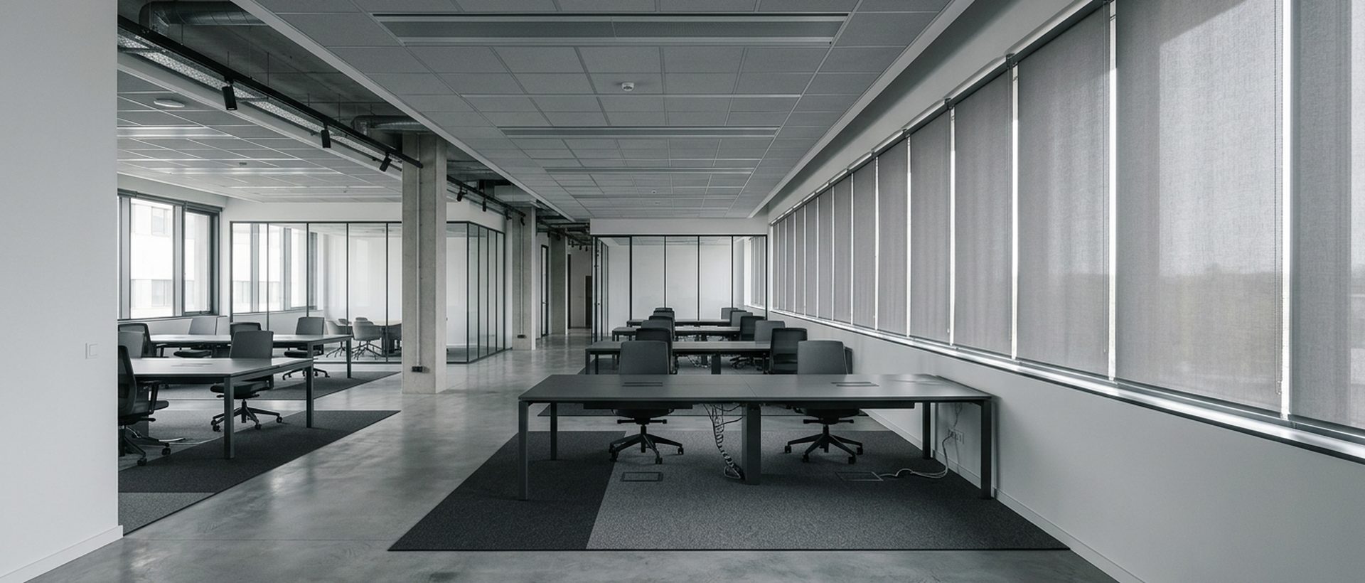 Plateau de bureaux inoccupé avec stores baissés, lumière tamisée