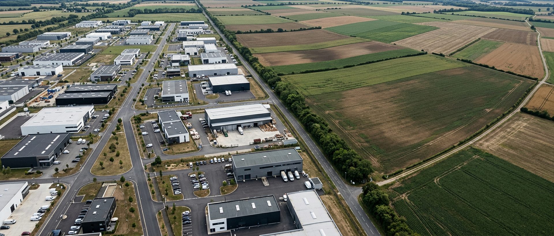Limite nette entre un lotissement d'activités et des champs cultivés, vue aérienne verticale