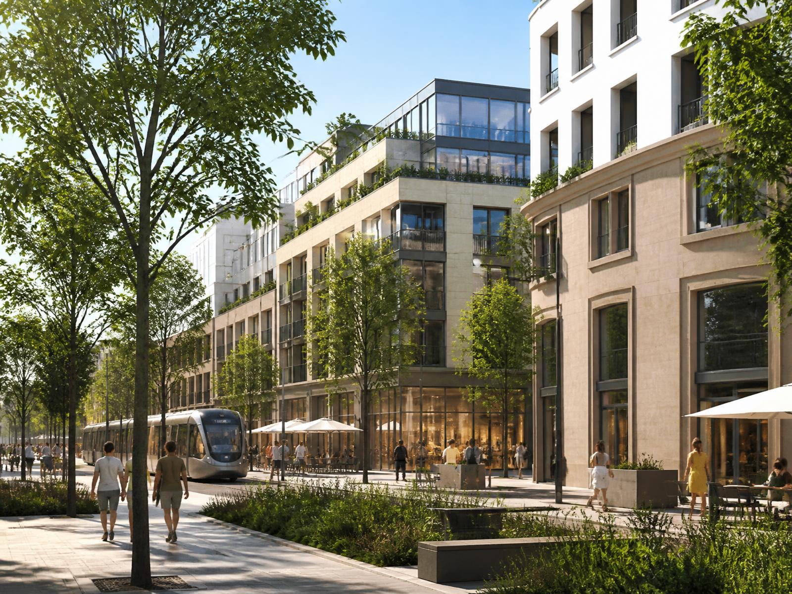 Quartier urbain attractif mêlant immobilier, commerces et mobilité